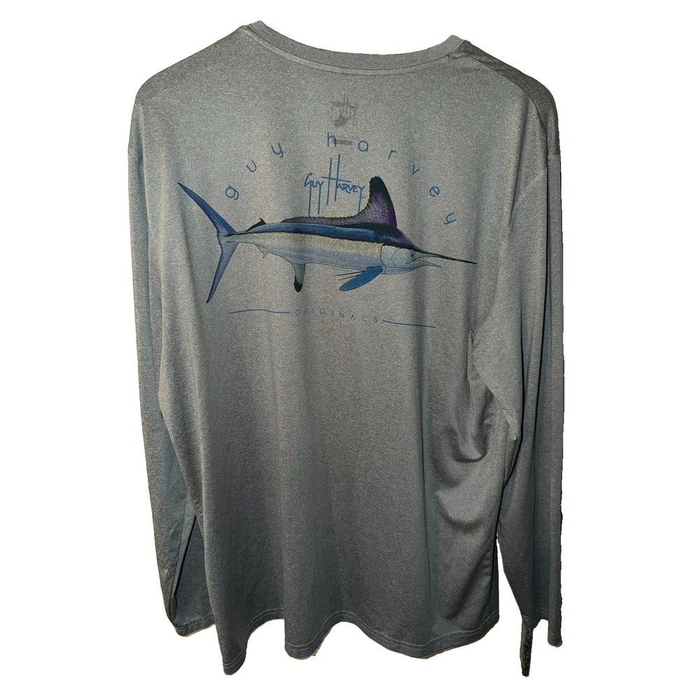 GUY HARVEY Men's Light Gray Performance LS Swordfish Shirt SZ LARGE